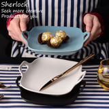 Sherlock早餐盘 日式陶瓷磨砂双耳长方形 浅口盘 烘焙烤箱 沙拉盘