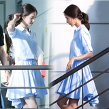 韩国少女时代林允儿同款连衣裙浅蓝色宽松衬衫式大摆中裙2016夏女