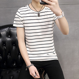 春夏季男士短袖T恤韩版学生圆领薄款青少年大码条纹纯棉小衫包邮