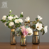 求饰 茶色铜环透明玻璃花瓶 后现代简约客厅干花玻璃瓶子花插摆件