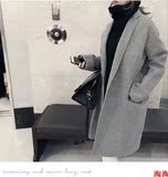 2016秋冬韩版新款时尚东大门女士纯色阔版中长款双面手缝羊绒大衣