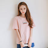 韩国夏季卡通刺绣纯棉韩版短袖T恤女宽松简约前短后长半袖上衣潮