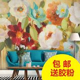 现代中式清新花卉油画壁纸 定制壁画  无缝丝绸客厅沙发背景墙纸