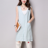 2016夏季女装韩版宽松大码无袖V领中长款纯色棉麻衬衫背心开衫