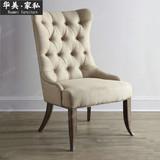美式乡村实木软包餐椅简约现代棉麻布艺拉扣餐椅欧式复古风格书椅