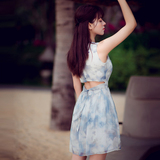 韩版夏季新款水墨印花露腰背心无袖雪纺连衣裙短裙海边沙滩度假裙