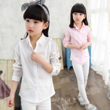 2016女童春秋新款纯色纯棉衬衫韩版童装长袖打底衬衣儿童花边上衣