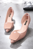 韩版高跟鞋女夏2016新款中跟单鞋百搭侧空细跟尖头5cm裸粉色凉鞋