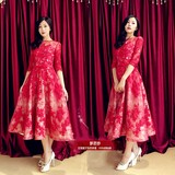 2015年新款古典一字领中袖红色蕾丝新娘敬酒服年会礼服婚纱定制