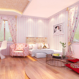 环保粉色条纹韩式女孩儿童公主房卧室壁纸现代简约客厅无纺布墙纸