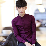 2015男士春秋装新款双丝光棉衬衫修身男韩版男式长袖纯色衬衫