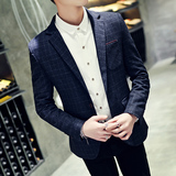 春季男士小西服外套潮流韩版修身款青年格子西装英伦休闲单西上衣