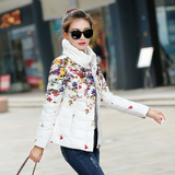 2016冬装新款韩版修身女短装印花羽绒棉衣棉服短款长袖棉袄外套