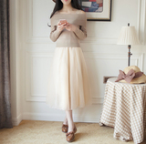 2016韩国气质淑女纯色针织露肩一字领长袖背心纱裙两件套连衣裙