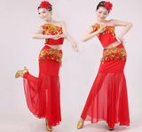 傣族舞蹈演出服饰成人孔雀舞衣服云南少数民族服装鱼尾裙子表演服