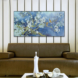 客厅装饰画 新中式卧室温馨横幅墙面挂画蓝色工笔花鸟字画定制画