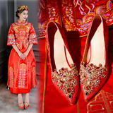 春季秀禾服鞋细跟结婚鞋子女士红色孕妇新娘尖头水钻高跟龙凤红鞋