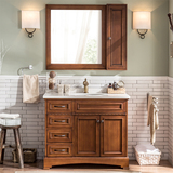 现货美式乡村落地浴室柜组合橡木实木洗漱台整体卫浴柜镜柜储物柜