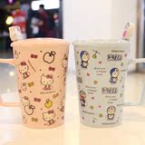 卡通KT可爱水杯子陶瓷马克杯带盖哆啦A梦创意情侣麦片咖啡杯送勺