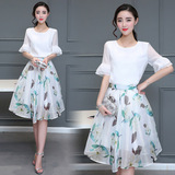 2016夏季新款时尚韩版女装欧根纱印花两件套装显瘦气质连衣裙子潮