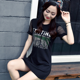 2016夏装韩国拼接T恤女装短袖修身显瘦蕾丝学生大码中长款上衣潮