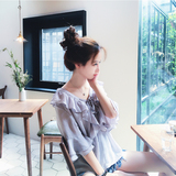 2016夏新款韩版宽松V领喇叭袖纯色雪纺衫女短袖中长款荷叶边上衣