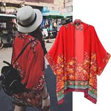 2015夏季新款欧洲站大牌女装复古民族风印花和服式雪纺开衫薄外套