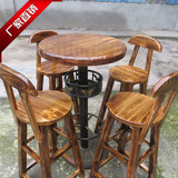 实木酒吧桌椅高脚凳实木凳子休闲椅户外咖啡厅碳化月亮凳定制圆桌