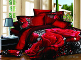 3d床单四件套全棉立体花纯棉活性大红婚庆玫瑰被套1.8米床上用品