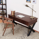 简易电脑桌家用做旧铁艺书桌写字台带抽屉实木桌子复古长桌办公桌