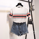2016夏装新款韩版圆领套头短袖条纹冰丝针织衫修身拼接撞色上衣女