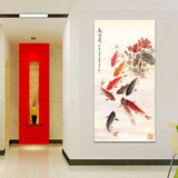 中式竖版水墨画九鱼图无框画现代时尚客厅玄关装饰画挂画壁画墙画