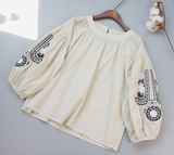 韩国东大门复古灯笼袖长袖刺绣圆领套头纯色宽松娃娃衫衬衫衬衣女