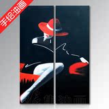 现代客厅装饰手绘油画红帽女人客厅两拼无框画家居挂画抽象人物画
