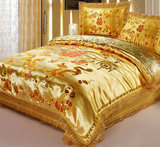 婚庆床品四件套金色龙凤双喜图杭州绸缎被套、床单、枕套一对