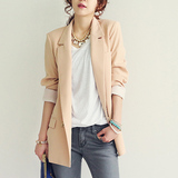 2014韩版春秋新款女潮外套 米色气质休闲直筒小西装中长款外套