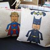 外贸宜家 创意卡通蝙蝠侠超人 厚棉麻汽车靠枕抱枕套沙发靠垫靠背