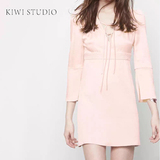 kiwi16夏秋新款欧美风优雅气质修身高腰V领系带裸粉色淑女连衣裙