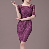 2016秋新款韩版女装大码蕾丝连衣裙中长款修身时尚五分袖