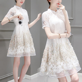 2016新款夏韩版修身高腰中长款连衣裙女蕾丝短袖旗袍欧根纱公主裙