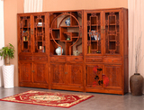 仿古中式实木书橱柜组合榆木雕花书柜三组合书架书房储物柜博古架