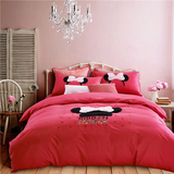 全棉贴布绣四件套纯色1.8m简约个性床单纯棉被套床上用品玫红特价