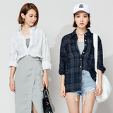 LOVEHEYNEW2016夏季新品韩国欧美格子学院风长袖棉麻排扣衬衫女