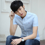 夏季新款流行韩版纯色短袖衬衫男装修身青年简约纯棉商务休闲衬衣