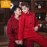 冬季珊瑚绒情侣睡衣大红结婚男女加绒加厚红色情侣夹棉家居服套装