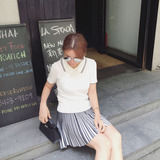 HONEY SASA韩国夏季两件套装V领针织冰丝T恤女上衣+竖条纹半身裙