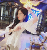 2016夏季新款韩版白色花边蕾丝衫七分喇叭袖小香风明星同款上衣女