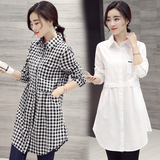 2016春装新款韩版宽松格子衬衣休闲中长款长袖修身显瘦女士棉衬衫