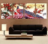 中国风孔雀花鸟图国画客厅酒店办公室墙壁现代装饰画四联无框挂画