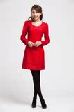 2014冬裙新款回门装镂空拼接毛呢连衣裙红色结婚礼服